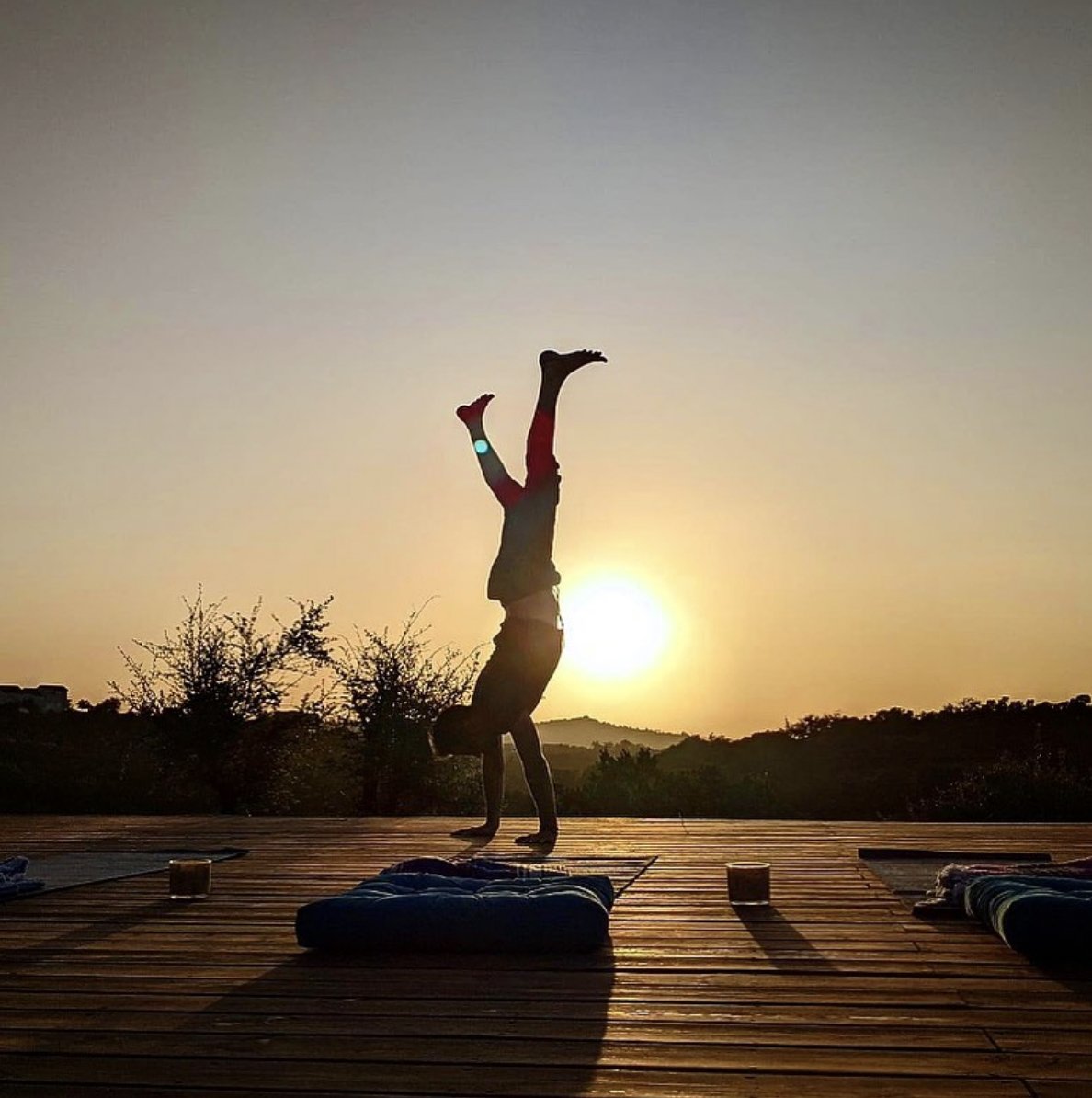 Sunset over the yoga deck at 13 Acres